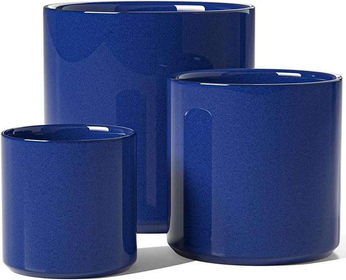 LE TAUCI Ceramic Pots for Plants 10/8/6 Inch Indoor Planters with Draiange Hole Silicone Plug &amp Mesh Pad Modern Minimalist Pots for Home Office Set of 3 Glossy Midnight Blue