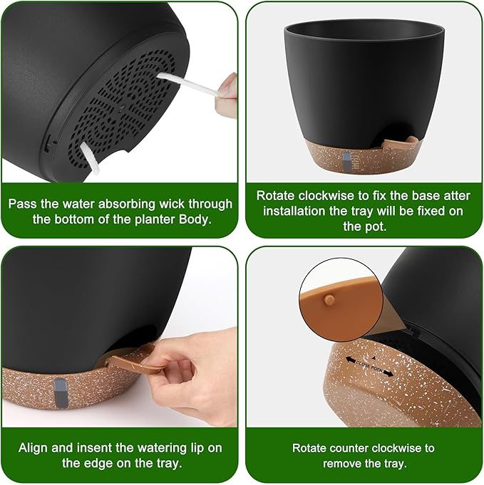 Self-Watering Plant Pots with Water Level Indicator Drainage Holes &amp Saucers – 12/10/9 Inch Large Plastic Planter Set for Indoor &amp Outdoor Plants(Black)