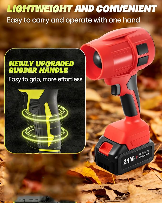 Power Leaf Blower 21V Cordless Lightweight Handheld Electric Turbo Jet 2x4Ah Batteries Fast Charger 1000000 RPM High Speed with Ergonomic Handle for Yard Cleaning Lawn Maintenance Blowing Leave (Red)