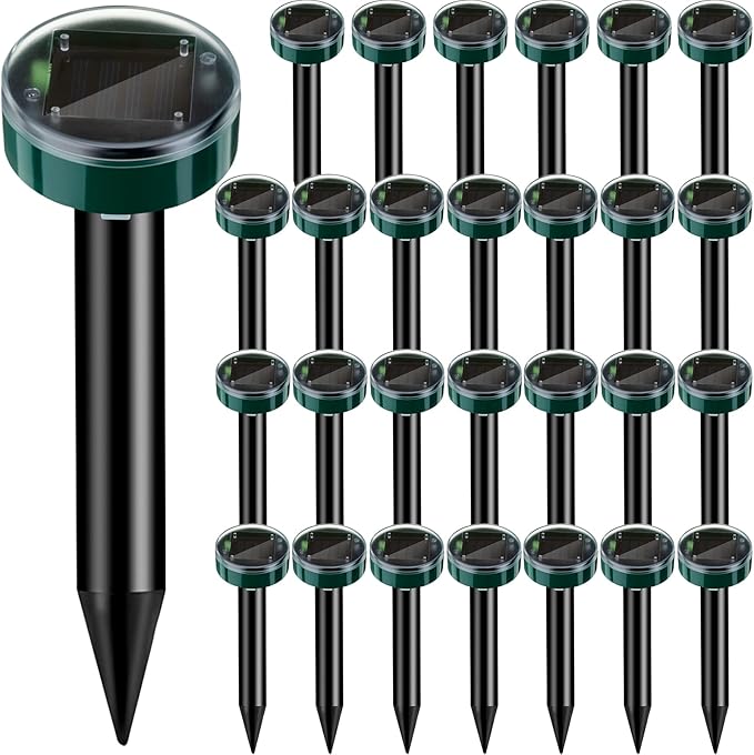 28 Pieces Solar Mole Repellent Ultrasonic Outdoor Gopher Deterrent Spikes for Garden Yard Lawn Waterproof Solar Powered Repeller for Groundhogs Voles Snakes and Other Burrowing Animals (Round)