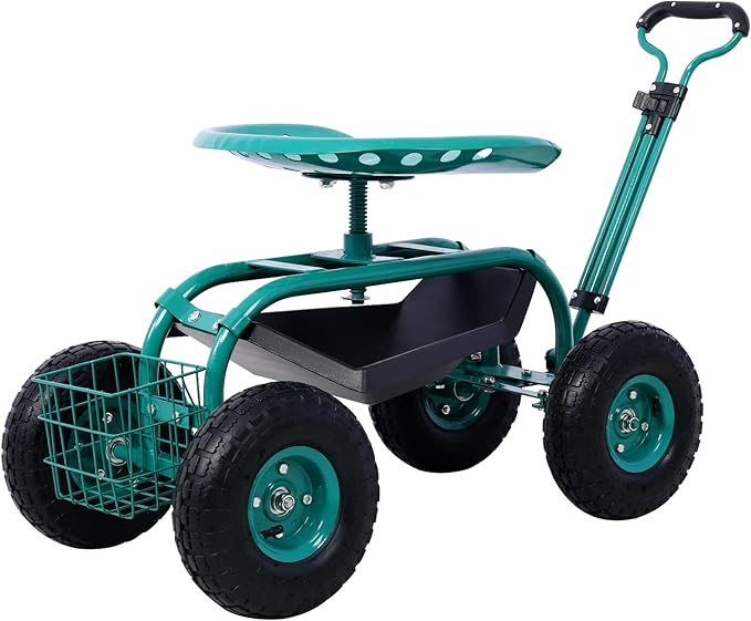 Rolling Garden Scooter Garden Cart Seat with Wheels 360° Swivel Seat Heavy Duty Gardening Cart with Tool Tray and Basket for Yard Lawn Planting (Green)