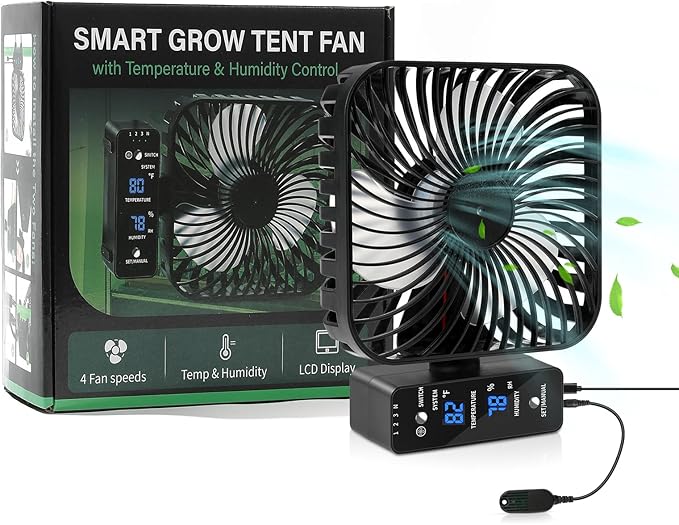 Grow Tent Fan 6” LCD Display with Sensor Adjustable Temp &amp Humidity Control 4-Speed 90° Oscillating Fan Strong Airflow for Indoor Growing Mushroom Box Desk Use