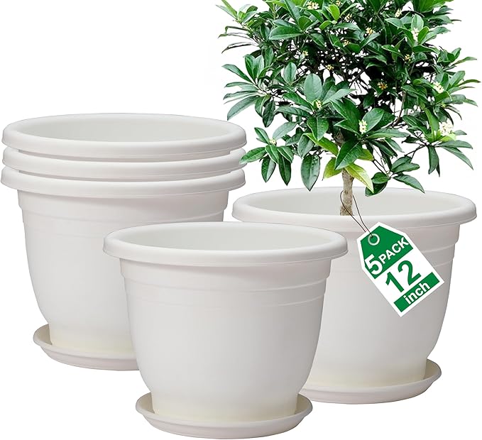 5 Packs 12 inch Flower Pots + Saucer Planters for Indoor &amp Outdoor Plants with Drainage Holes | Plastic Flower Pots Large Planter (White 12 inch)