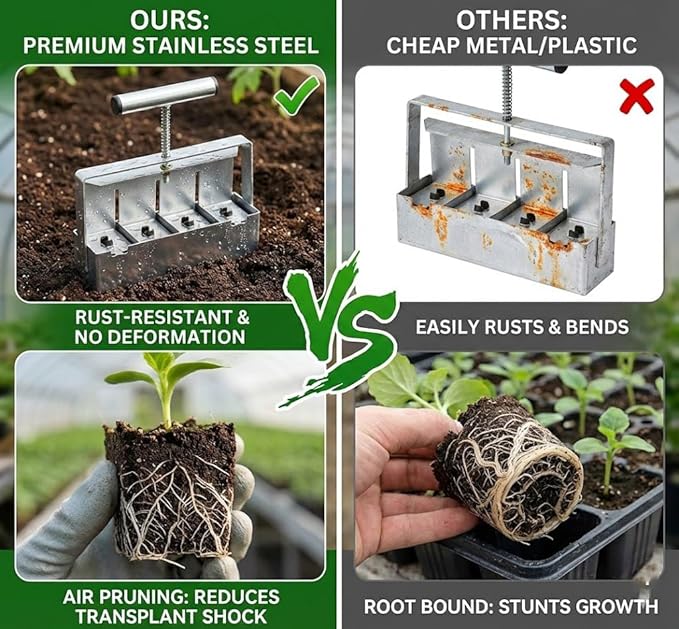 Soil Blocker 4 Cell 2 Inch – Heavy Duty Stainless Steel Soil Block Maker with Ergonomic Handle &amp 3 Size Seed Pins – Handheld Soil Blocker for Seed Starting Greenhouse Garden Tools