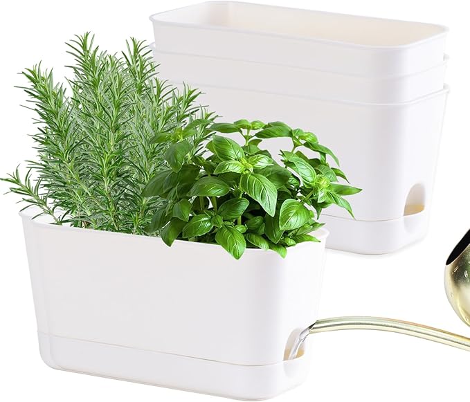 Self Watering Planters: 4 Packs Rectangular Plant Pots with with Drainage and Tray 10 Inch Window Pot Self Watering Planter for Herb Houseplants