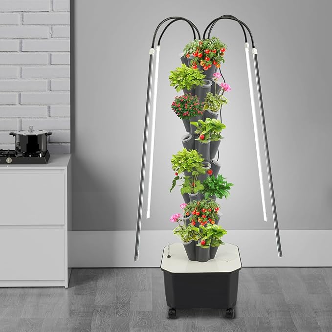 40 Pots Hydroponic Tower Growing System with Lights 8 Layers Movable Vertical Hydroponics Tower Garden Growing System Space Saving Indoor Plants Smart Garden for Gardening Lover