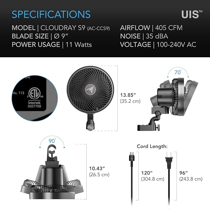 AC Infinity CLOUDRAY S9 Grow Tent Clip Fan 9” with Redesigned Long-Life EC Motor Custom 10 Dynamic Wind Speeds and 10-Level Oscillation Weatherproof IP-54 for Hydroponics Circulation Cooling