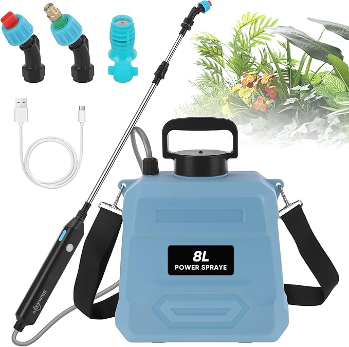 BlumWay Battery Powered Sprayer 2 GallonPowerful Electric Sprayer with 3 Mist Nozzles Retractable Wand Garden Water Spray with Adjustable Shoulder Strap for LawnGardening