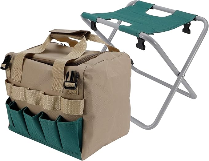 Zerodis Folding Gardening Stool with Detachable Storage Tote Bag Workseats Storage Tote Bag 600D Oxford Cloth Portable Garden Tools Set Organizer Chair for Fishing Camping Gardening