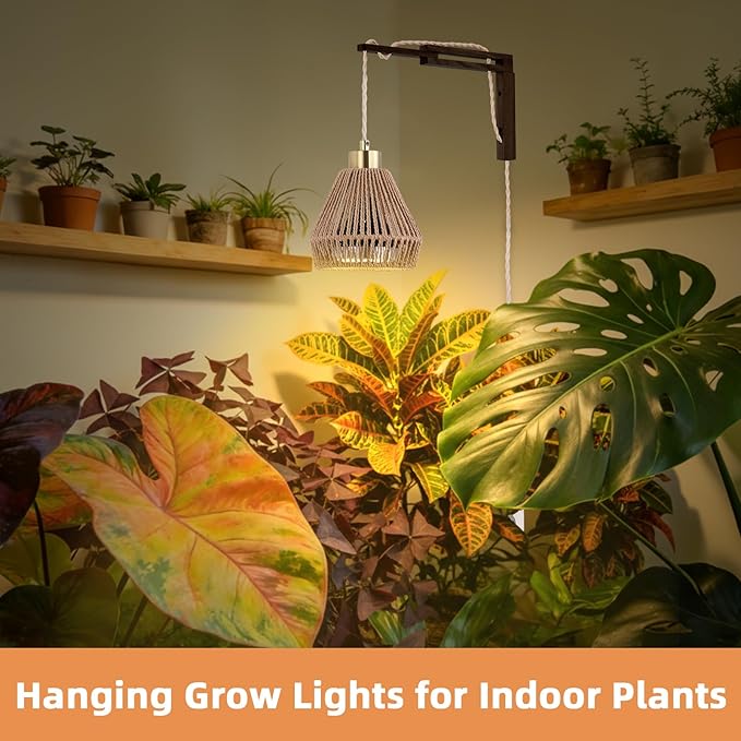 Hanging Grow Lights for Indoor Plants - 35W 4000K Full Spectrum Plant Light Wall Mounted Grow Light with Wooden Bracket Timer 15FT Power Cord Ideal for Plants Flowers &amp Home Decor