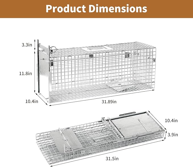 32 Humane Animal Cage Trap Live Animal Cage Trap Folding Animal Trap for Stray Cats Raccoons Rabbits Skunks Moles Groundhogs and Armadillos up to 17 lbs
