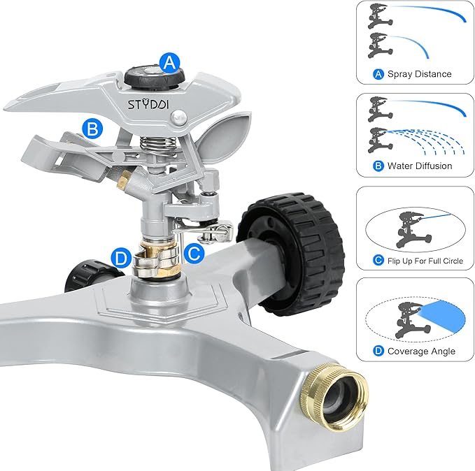 STYDDI Metal Pulsating Sprinkler on in-Series Metal Wheeled Base Adjustable Circular Water Sprinkler for Medium to Large Circular Lawn Yard Garden and Large Areas Coverage up to 6360 Sq. ft