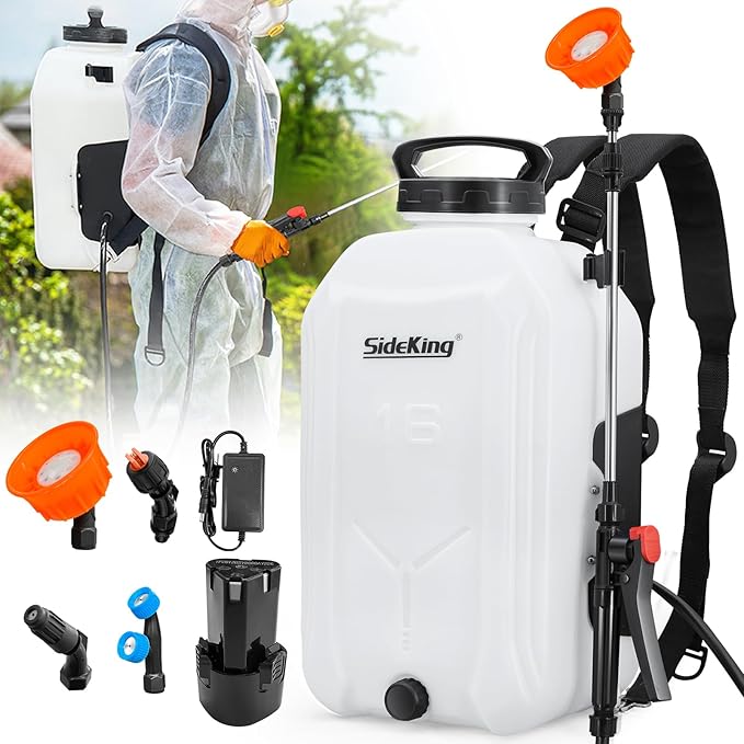 Battery Powered Backpack Sprayer 4 Gallon Powerful Electric Garden Sprayer with 12V Rechargeable Battery Telescopic Wand with Trigger-Lock and 4 Mist Nozzles (Charger Included)
