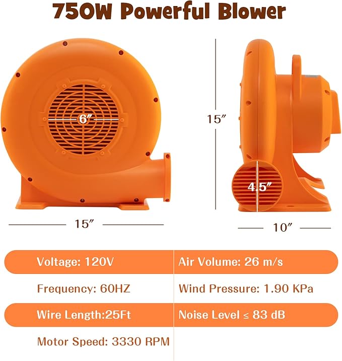 Costzon Air Blower 1.0HP Blower for Bounce House with 25FT SJTW Wire &amp Stakes GFCI Plug ETL 750W Perfect for Inflatable Bouncer Blower Orange IPX4 Air Blower for Inflatables