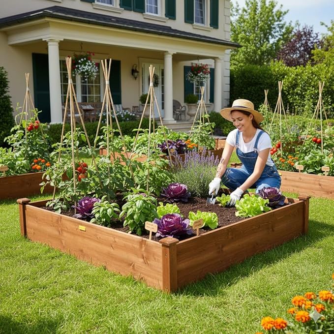 Hollyone 48 X 48 inches Wood Raised Garden Bed Frame Planters Wooden Elevated Planting Planter Box for Outdoor Herb Vegetables Flowers Grass Lawn Yard Patio - Brown 4×4ft