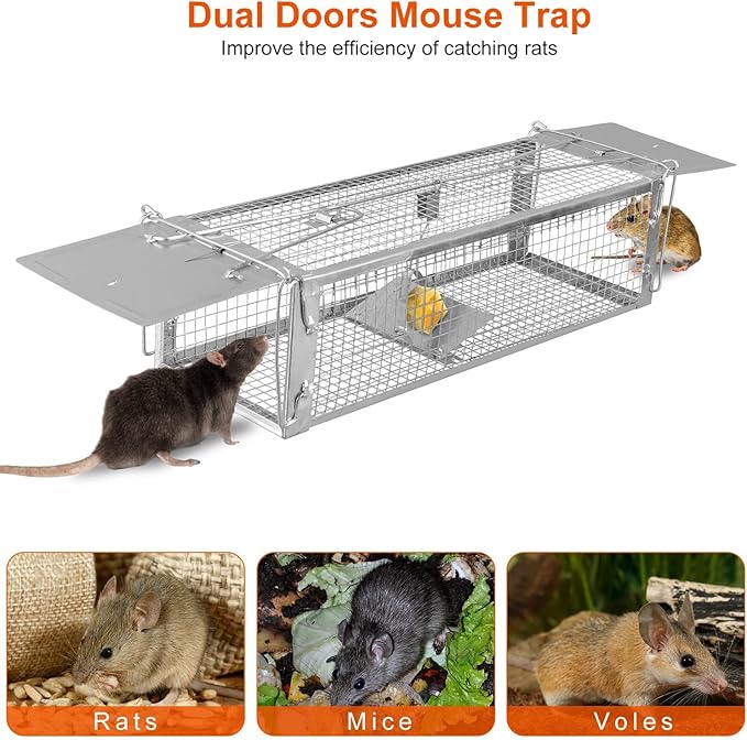 Moclever Humane Rat Trap Cage Dual Door Live Rat Traps Humane Live Rodent Dense Mesh Trap Cage Zinc Electroplating Mice Mouse Control Bait Catch with 2 Detachable U Shaped Rod for Small Animals