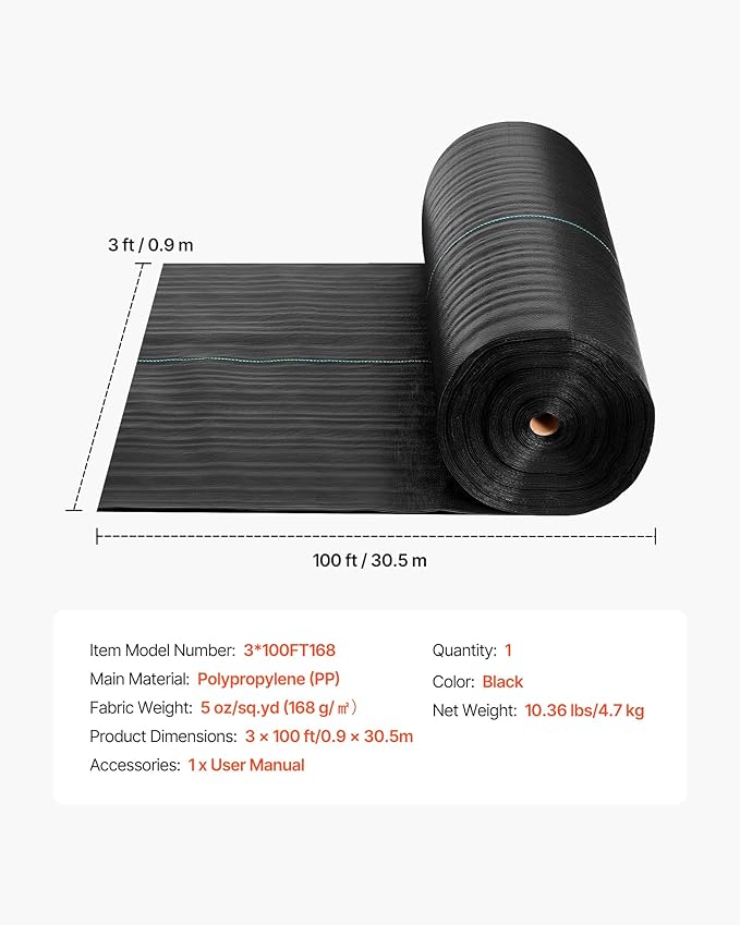 VEVOR Weed Barrier Fabric Heavy Duty 3x100FT 5oz Landscape Fabric Woven Weed Blocker Fabrics Garden Fabrics Weeds Barrier Weeds Control Ground Cover Geotextile Webbing Gardening Mat Black