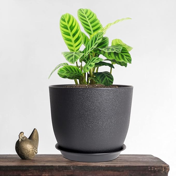 12/10/9 Large Modern Plant Pots Plastic Planters with Drainage Holes and Saucers for Indoor Outdoor Plants Flowers Black