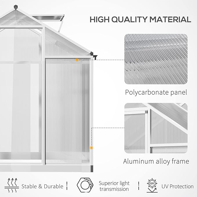 Outsunny 4' x 6' Greenhouse for Outdoors Polycarbonate Greenhouse with Rain Gutter and Roof Vent Aluminum Walk-in Green Houses for Outside Patio Backyard Garden