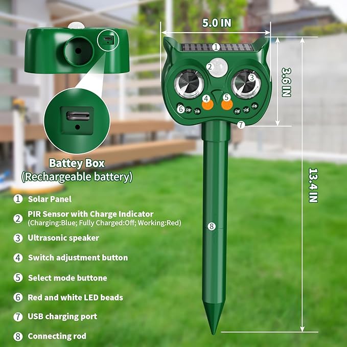 2 Pack 2026 Upgraded Solar Ultrasonic Animal Repellent Outdoor – Motion Activated Deer Squirrel Cat Raccoon Dog &amp Bird Deterrent with Multi-Frequency LED Strobe &amp Ultrasonic Sweep for Yard