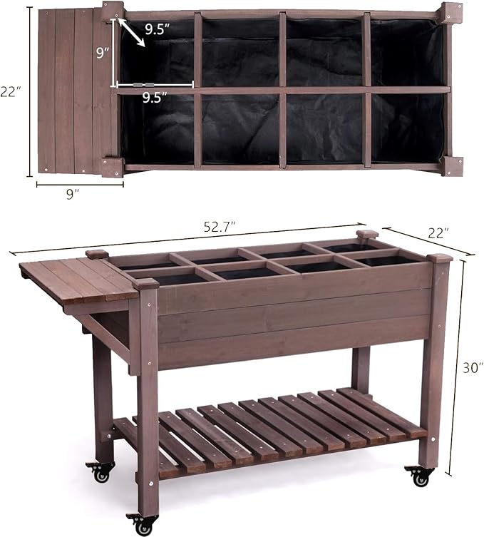 Aivituvin 52.7x22x30in Raised Garden Bed Elevated Wood Planter Box Stand with Wheels for Outdoor Gardening Liner Included 230lbs Capacity