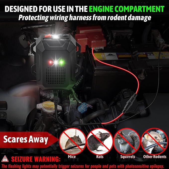 Ultrasonic Rodent Repellent for Car Engines 12V 24V Wired Ultrasonic Mouse and Rat Deterrent with LED Strobe Lights and Remote Control – Under Hood Animal Repeller for Cars Trucks RVs Vehicles