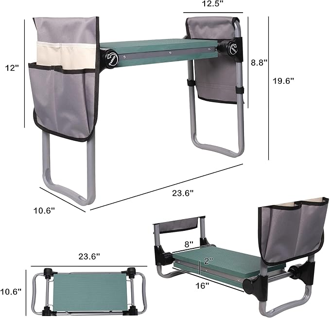 Garden Kneeler and Seat 2024 Upgraded Foldable Heavy Duty Kneeling Bench with 2 Tool Bags and Widen Soft EVA Foam Pad for Senior Green