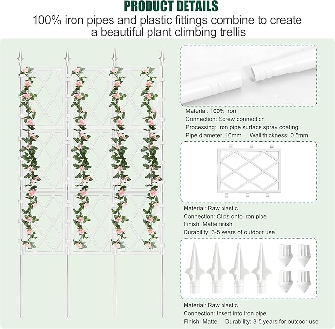 5.25FT Metal Pipe Trellis for Climbing Plants Outdoor Garden Wall White Trellis with Garden Twist Tie Support Tall Plant Fence for Ivy Vines Rose Flower