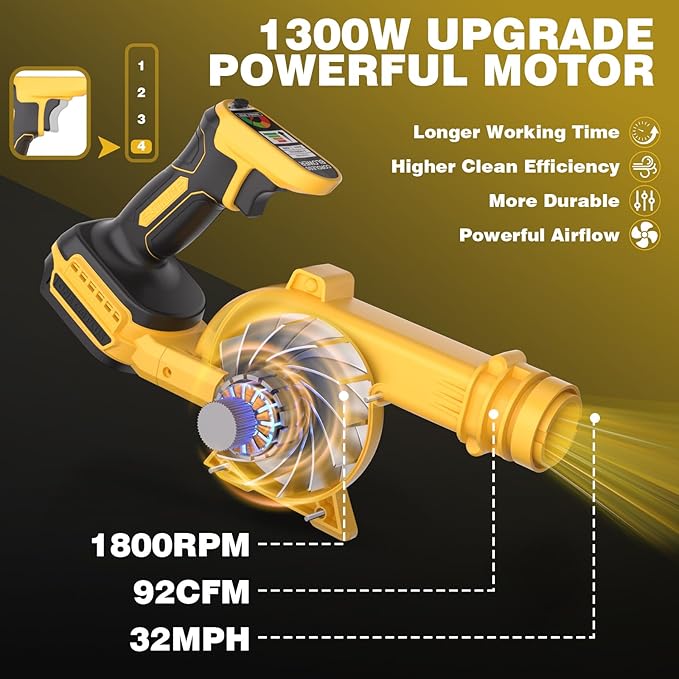 20V Cordless Leaf Blower - 4-Speed Electric Blower Lightweight for Quick Yard Cleanup Patio Driveway &amp Dust Removal - Complete Lawn Care Blower Kit(Only ToolYellow)