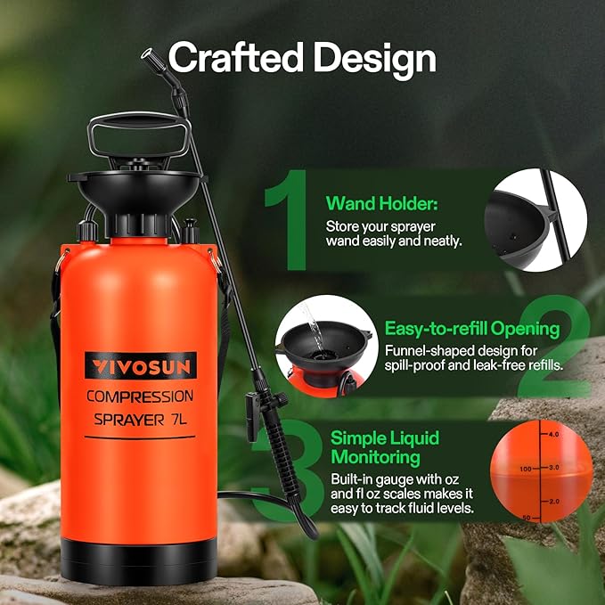 VIVOSUN 1.85-Gallon Pump Pressure Sprayer Pressurized Lawn &amp Garden Water Spray Bottle with Adjustable Shoulder Strap for Spraying Plants Garden Watering and Household Cleaning