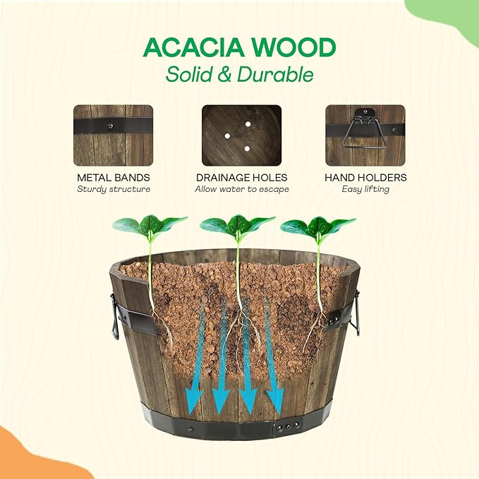 Idzo Set of 3 Wooden Flower Planters for Outdoor Plants Acacia Wood Barrel Planters Ergonomic Handles Drainage Holes Various Sizes Walnut