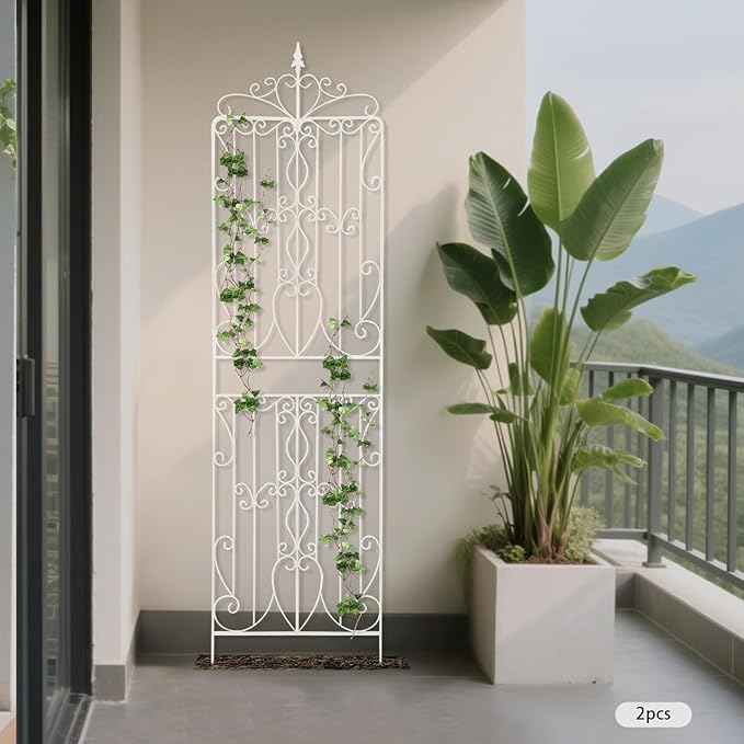 Garden Trellis 2 PCS Iron Plant Trellis Outdoor for Climbing Plants Fence Panels Plant Support for Ivy Vines Rose Flower Heavy-Duty Courtyards Lawns Backyard (White)