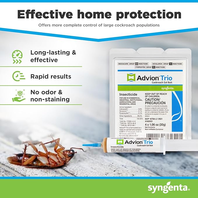 Advion Trio Cockroach Gel Bait 4 Tubes x 30-Grams 1 Plunger and 2 Tips Formulated with 0.6% Indoxacarb 0.1% Novaluron and 0.1% Pyriproxyfen Ready-to-Use Roach Killer for Indoor and Outdoor Use