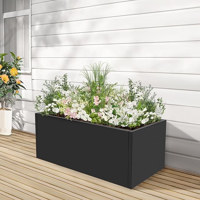 Metal Raised Garden Bed Modern Rectangular Planter Flower Box for Indoor Outdoor Balconies Gardens Decks Patios Decks Front Porches 38 * 15 * 15 in (Black)