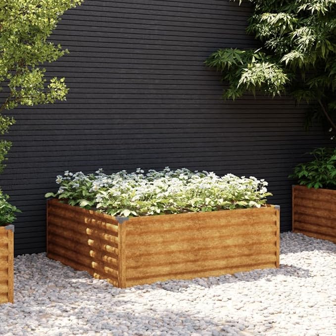 vidaXL Square Corten Steel Garden Raised Bed 39.4X39.4X14.2 in Durable Rustic Design Ideal for Flowers Vegetables and Herb Planting On Balconies Patios Or Gardens Planter Outdoor Metal