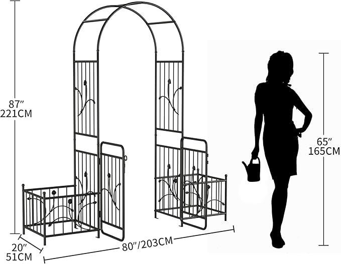 Garden Arbor 80 W x 87 H Metal Garden Arch with Gate and Planter Boxes Wedding Arch Party Decoration for Climbing Plants Outdoor Lawn Patio and Backyard