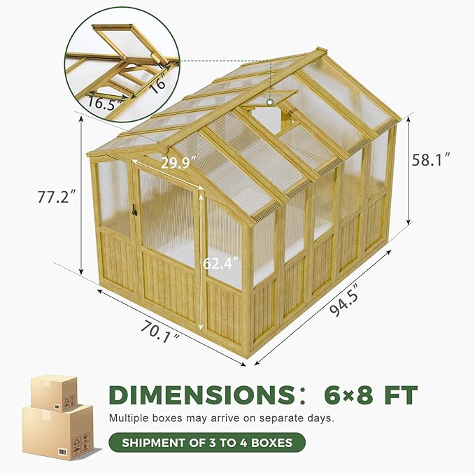 6x8 FT Wood Greenhouses for Outdoors Heavy Duty Outdoor Greenhouse Kit with Adjustable Roof Vent and Reinforced Panels Walk in Polycarbonate Greenhouse for Outside Backyard Garden Yard Natural