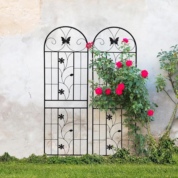 Sturdy Metal Garden Trellis for Climbing Plants – Rust-Resistant Outdoor Flower Support with Decorative Lattice Design (Black + Iron)