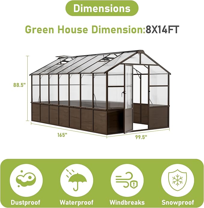 8x14 FT Wooden Greenhouse for Outdoors Walk in Polycarbonate Greenhouse with Locked Door and Roof Vent Heavy Duty Green Houses with Cedar Frame for Outside Garden Backyard Brown
