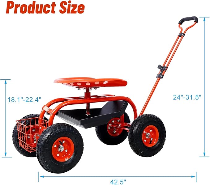 Anwick Rolling Garden Work Seat with Wheels Gardening Stool for Planting 360 Degree Swivel Seat Scooter with Steering Handle &amp Tool Tray/Basket Garden Chair for Outdoor Patio and Yard (Red)