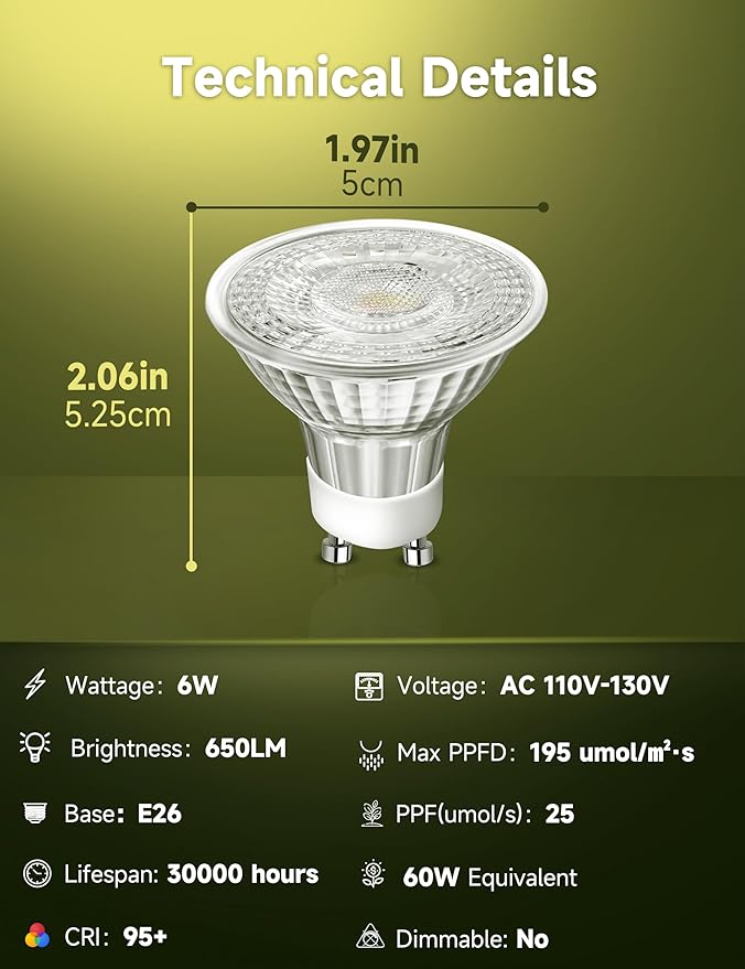 GU10 Grow Light Bulb Full Spectrum Plant Grow Lights Natural White 4000K Plant Light for Indoor Plants for Small Plant Pots 6W LED Grow Light Grow Lamp for Low Light Plants 3 Pack