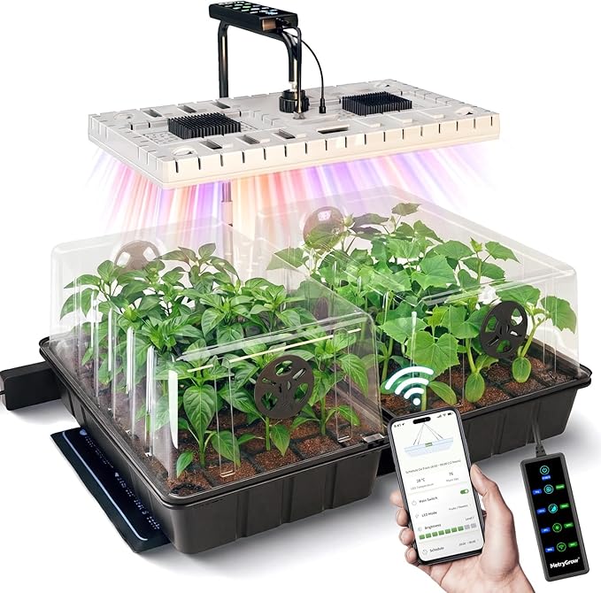 48W Full Spectrum LED Grow Light Seed Starter Kit 80-Cell Tray with 30W Heating Mat &amp Adjustable Dome Waterproof Germination System for Healthy Indoor Seedlings
