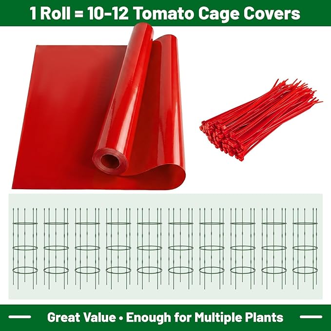 Red Greenhouse Film for Tomatoes 4Mil 4x50FT Tomato Cage Covers with Cable Ties UV Resistant Red Plastic Film for Early Harvest Easy DIY Installation Protect Plants Against Pests and Harsh Weather