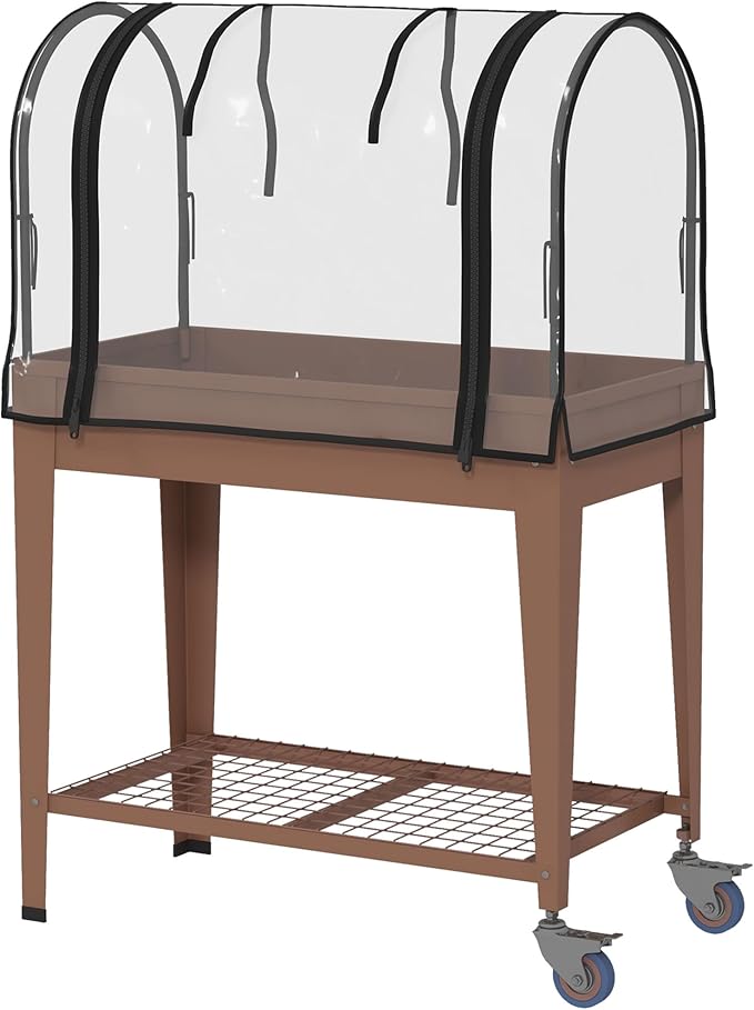 Outsunny Raised Garden Bed with Greenhouse Cover Large Metal Outdoor Elevated Planter Box with Lockable Wheels Storage Shelf and Drainage Hole for Vegetables Flowers Herbs Brown