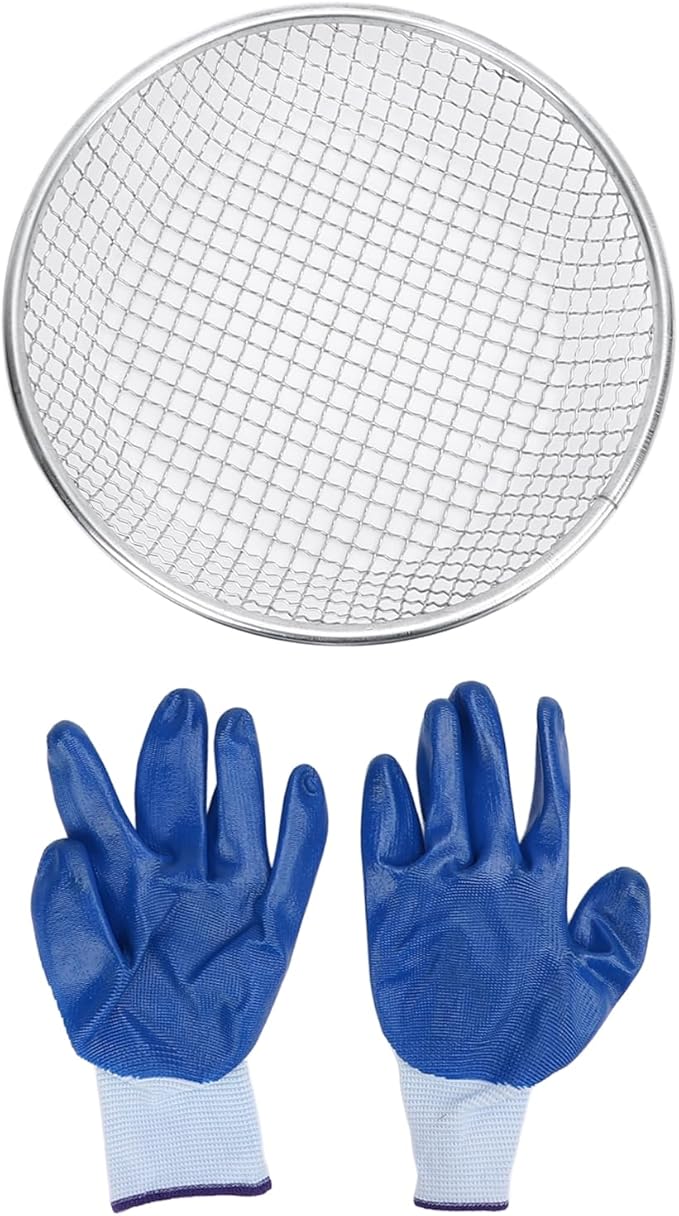 Gardening Sand Soil Compost Sifter Stainless Steel Garden Sifter with Gloves Garden Potting Mesh Sieve Sifting Pan for Gardening Sand Rocks Dirt Soil Sifter Mesh Gardening