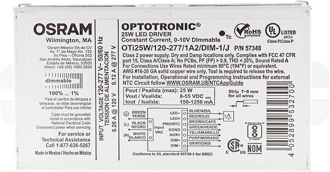 OSRAM/Sylvania 57348-25 Watt 120/277 Volt 50-60Hz Dimmable LED Driver (OTI25W/120-277/1A2/DIM-1/J Optotronic LED Driver)