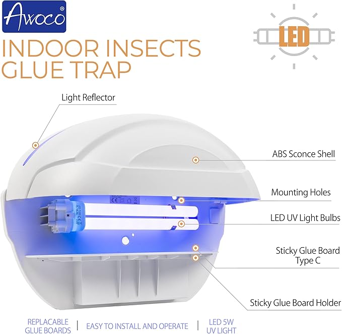 Awoco LED 5W Wall Mount Sconce Sticky Fly Trap Lamp for Capturing Flying Insects Flies Mosquitoes and Moths (Fly Trap + 6 Glue Boards)