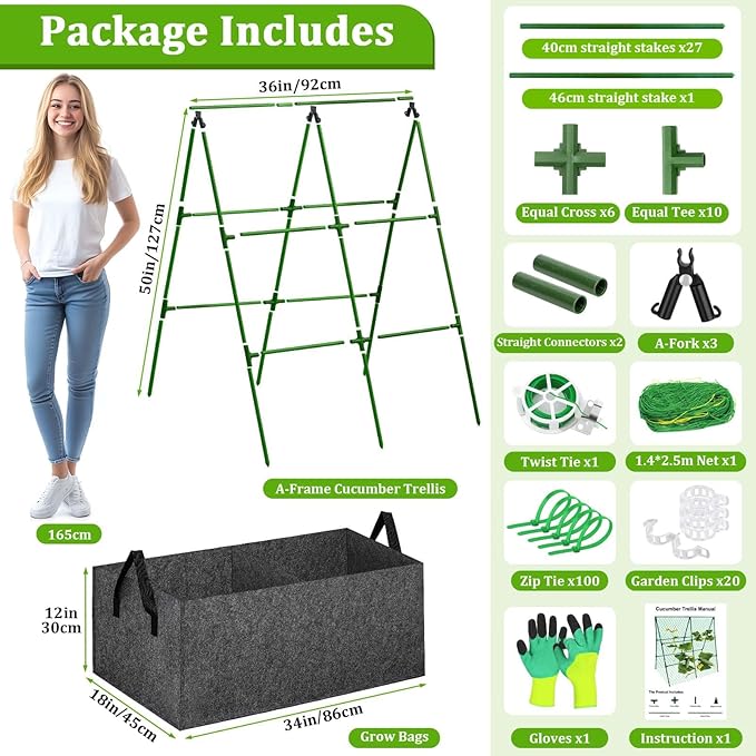 Cucumber Trellis with Grow Bag 50 x 36 Inches Reusable Garden Vegetable Trellis with Fabric Raised Bed Climbing Net and Plant Support Clips for Greenhouse Climbing Plants