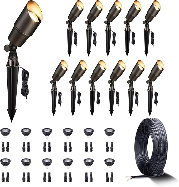 Gardenreet 12V Landscape Spotlight Bundle - 12 Pack Brass Spotlight 65FT 16/2 Cable Outdoor Waterproof LED Fixture for Garden Wall Tree with 5W 2700K Warm White MR16 Bulb
