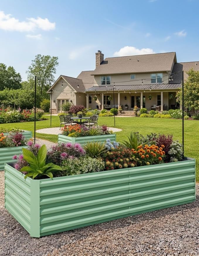 IDEALHOUSE 8x4x2 Ft Galvanized Metal Raised Garden Bed 24-Inch Tall Heavy Duty Planter Box for Vegetables Herbs &amp Flowers Rust-Resistant Outdoor Gardening Bed Green